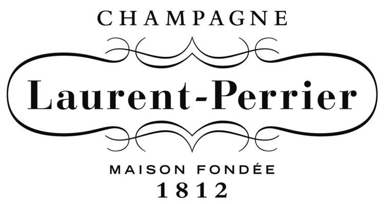 Black and white logo for Laurent-Perrier Champagne with stylized text and borders, reading Champagne Laurent-Perrier Maison Fondée 1812.
