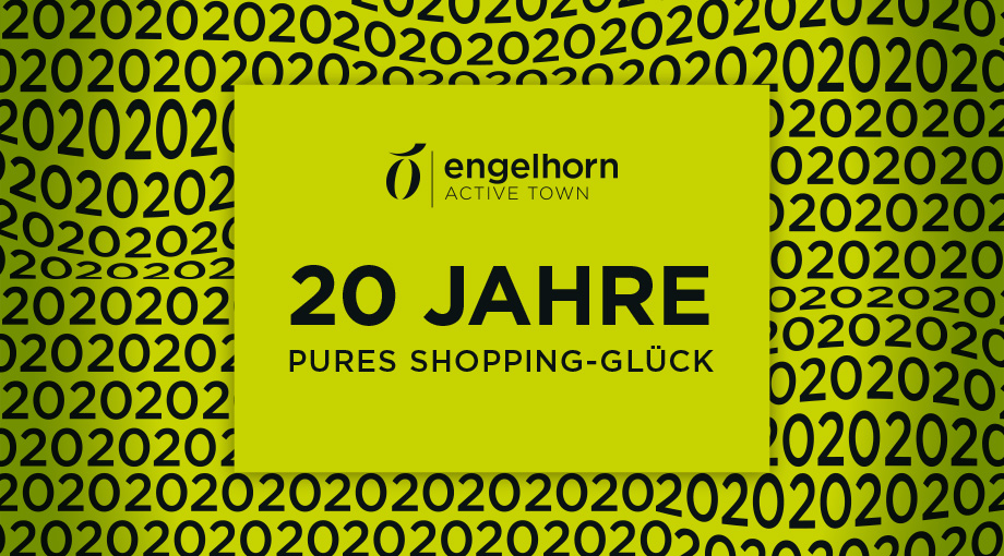 Aufschrift: engelhorn Active Town, 20 Jahre pures Shopping-Glück" mit hellgrünem Hintergrund.