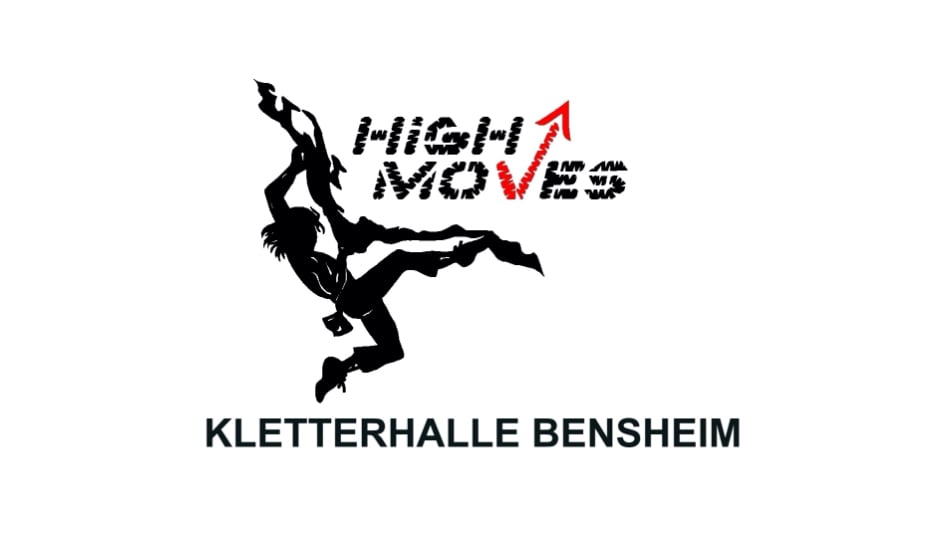 Silhouette eines Kletterers mit dem Text „HIGH MOVES“ mit einem nach oben zeigenden Pfeil über den Worten „KLETTERHALLE BENSHEIM“.