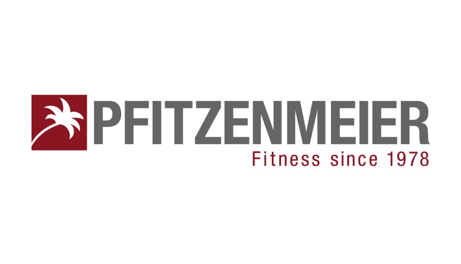 Logo für Pfitzenmeier mit einem roten Quadrat und einer weißen Palme links. Der Text „PFITZENMEIER“ steht in großen grauen Buchstaben, darunter steht in kleineren roten Buchstaben „Fitness seit 1978“.