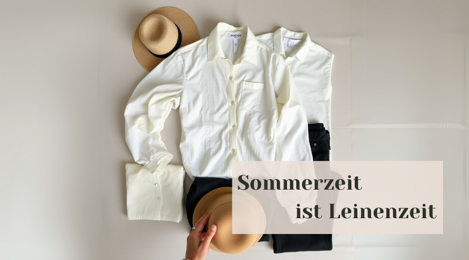 Zwei helle Leinenhemden, eine schwarze Hose und zwei Strohhüte liegen ordentlich auf hellem Hintergrund. Eine Hand hält einen Hut. Der Text auf Deutsch lautet: Sommerzeit ist Leinenzeit.