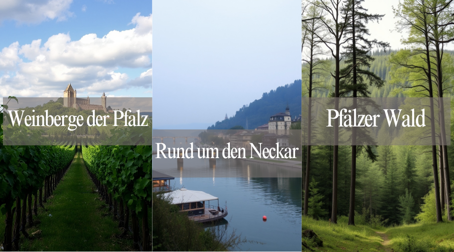 Collage aus drei malerischen Landschaften: Weinberge mit einer Burg in der Ferne, ein ruhiger Fluss mit Booten und Hügeln und ein dichter, grüner Kiefernwald. Die Textbeschriftungen lauten: Weinberge der Pfalz, Rund um den Neckar und Pfälzer Wald.