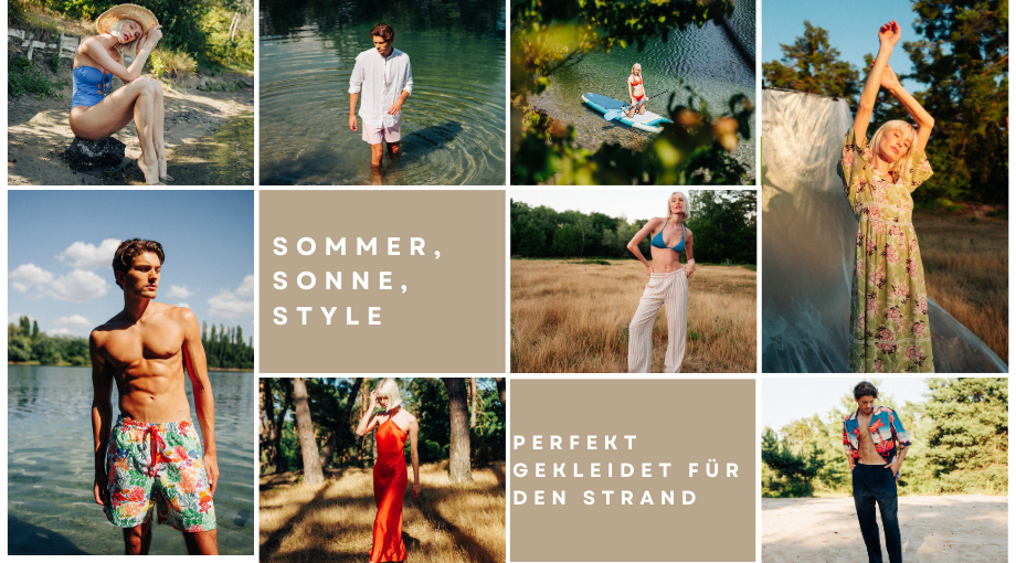 Collage stylischer junger Erwachsener, die den Sommer draußen am Wasser und in der Natur genießen und dabei helle, strandtaugliche Outfits tragen. Der Text lautet: Sommer, Sonne, Style und Perfekt gekleidet für den Strand.