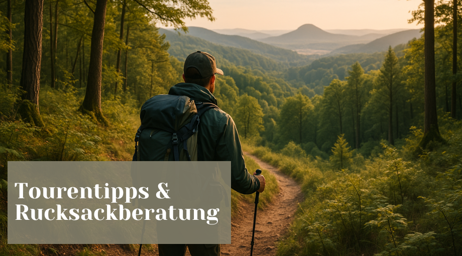 Wanderer mit Wanderrucksack auf einem Waldweg im Pfälzerwald