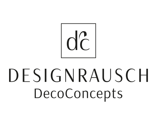 Schwarz-weißes Logo mit „drc“ in einem Quadrat über den Wörtern „DESIGNRAUSCH“ und „DecoConcepts“ in Groß- bzw. Titelbuchstaben auf weißem Hintergrund.