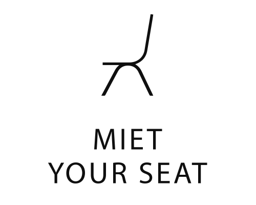 Minimalistische Illustration eines modernen Stuhls über dem fettgedruckten schwarzen Text MIET YOUR SEAT auf weißem Hintergrund.